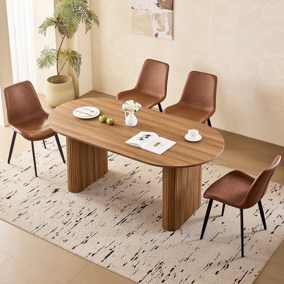 70.9" Large Dining Table Set for 4, [Rounded Edges] [Fully Assembled Table Base] Modern Wood Kitchen Dinner Table with 4 Synthetic Leather Chairs(Brown Table with 4 Brown Chairs)