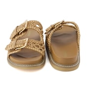 Cushionaire Weaver Summer Sandals for Women - Shiny Raffia Woven Slip On Womens Slides with Adjustable Buckle