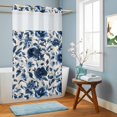 thumbnail image 2 of No Hook Shower Curtain Decorative Navy Blue Botanical Peony Waterproof Fabric Shower Curtain Set Vintage Floral Blossom Bath Curtains Bathroom Decor with See Through Mesh Top Window 54x78 Inch, 2 of 9