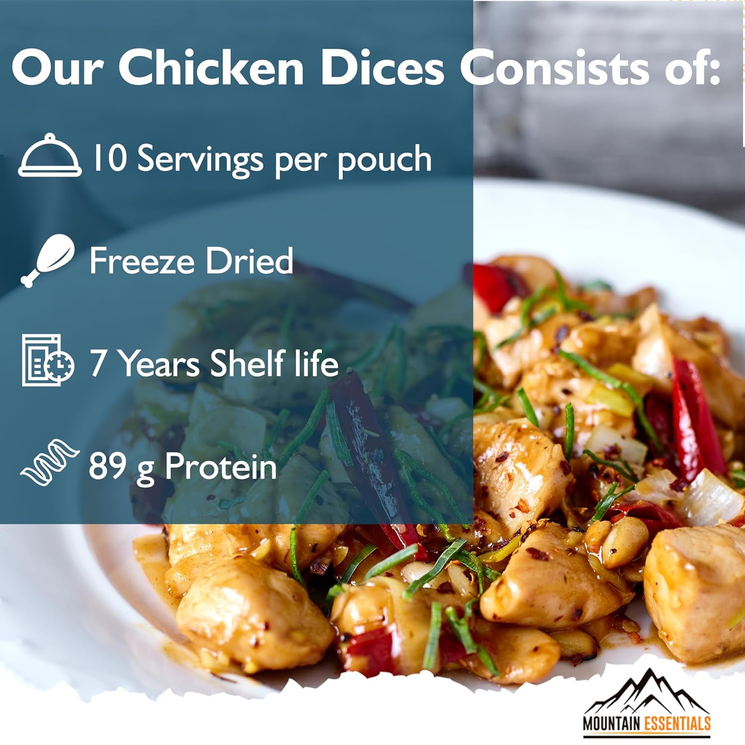 (Pack of 1) MOUNTAIN ESSENTIALS Freeze Dried Chicken Dices | Emergency Survival Bulk Food Storage Home Meals Hunting, Survival, Camping, Backpacking Food | 10 Servings 300g Pouch