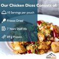 thumbnail image 2 of (Pack of 1) MOUNTAIN ESSENTIALS Freeze Dried Chicken Dices | Emergency Survival Bulk Food Storage Home Meals Hunting, Survival, Camping, Backpacking Food | 10 Servings 300g Pouch, 2 of 7