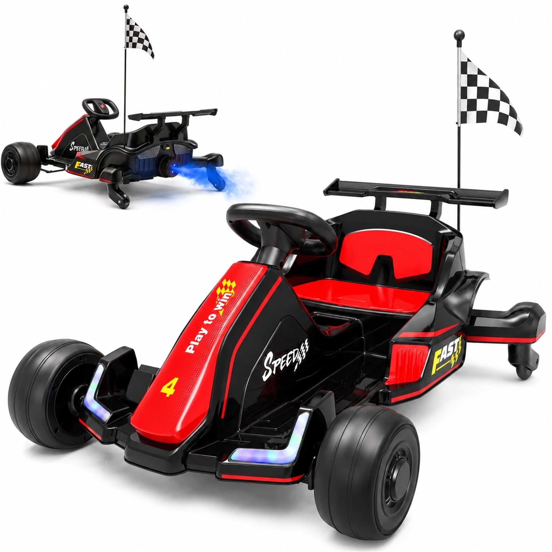 Conchico 12V Electric Drift Go Kart for Kids, Powered Ride on Toy Car with Rear Swivel Wheels, Water Spray Function, Cup Holder for Boys Girls Ages 3-8, Red