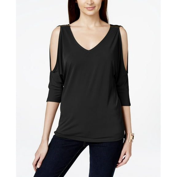 INC International Concepts Petite Cold Shoulder Hardware Top Black PXL