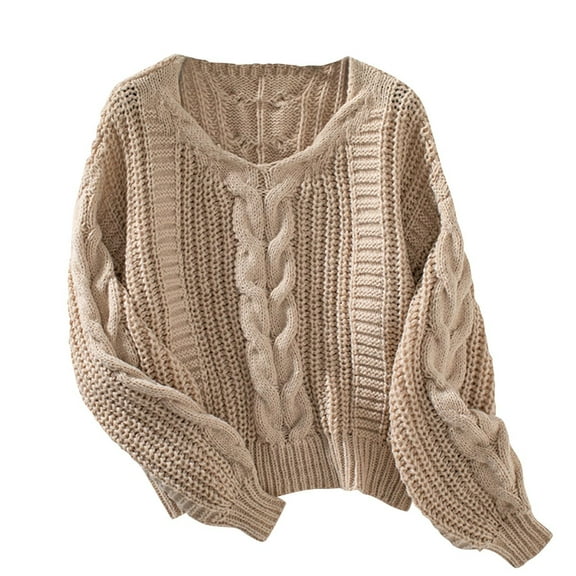 Chunky Knit Jacquard Sweaters for Women Vintage Loose Cable Knit Jumper Solid Color Lantern Sleeve Pullover 2024 Fall Winter Tops on Sale