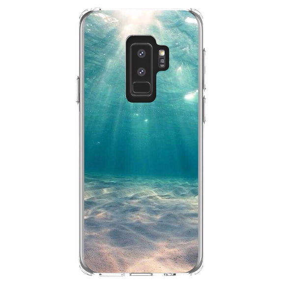 DistinctInk Clear Shockproof Hybrid Case for Samsung Galaxy S9  PLUS (6.2" Screen) - TPU Bumper, Acrylic Back, Tempered Glass Screen Protector - Underwater Sun Sand