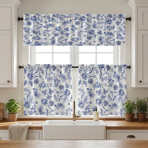 Blue Floral Kitchen Curtains and Valance Set of 3, French Farmhouse Window Treatments, 24in Short Curtains