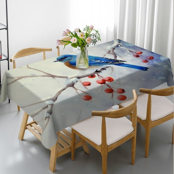 RKSupls Blue Bird Branch Berries Rectangle Tablecloth, Polyester Tablecloths - Holiday Party Tablecloth Rectangle Tablecloth, Ideal for Kitchen Picnic Party