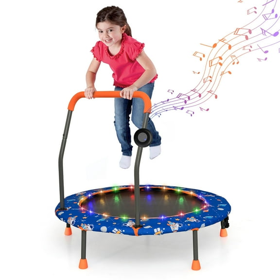 Gymax 36'' Mini Toddler Trampoline w/ LED Bluetooth Speaker Detachable Handle Kids Gifts Blue