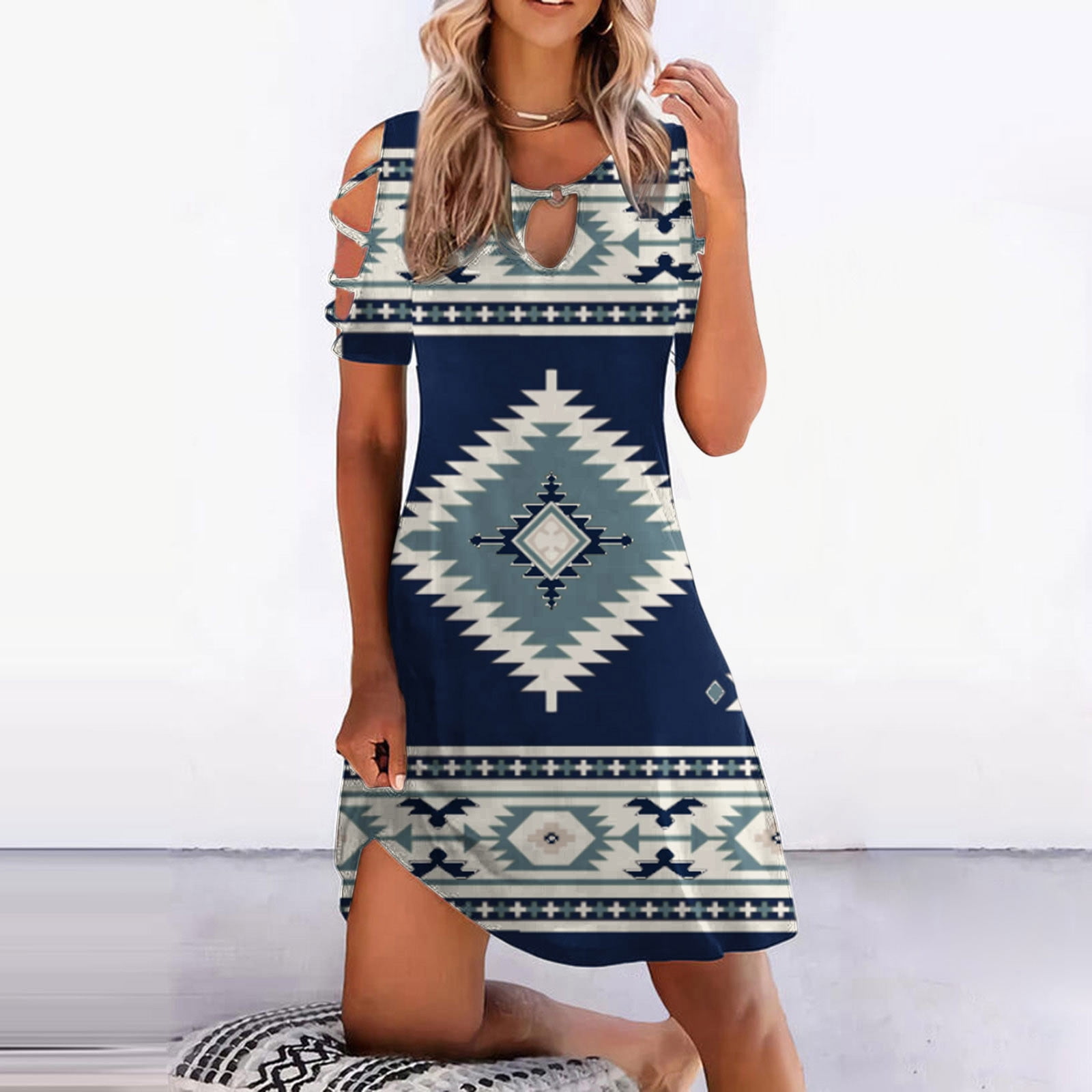 Kcocoo Dresses for women 2022 Ladies Casual Tribal Style Printed Short