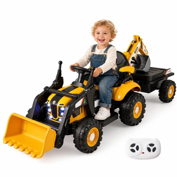 ELLEGNT 12V 4 in 1 Kids Ride On Tractor Excavator Bulldozer with Trailer Remote Control Age 3