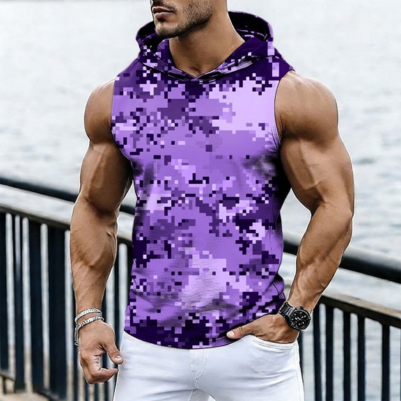 Zylanna Men's Sleeveless Hooded Tank Top, Camouflage Moisture Wicking Breathable Lightweight Summer Pullover Tops Gym Workout Purple