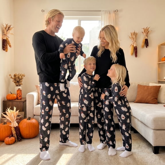 Family Matching Halloween Pajamas Long Sleeve Tops and Ghost Print Pants