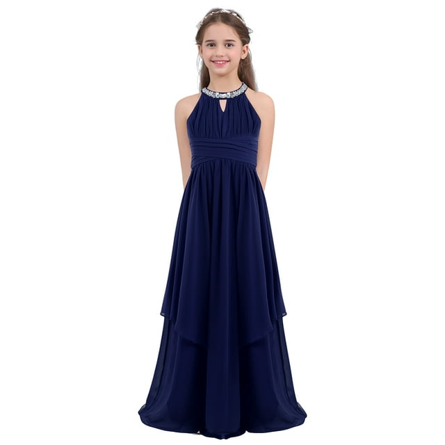 Oyolan Robe de Demoiselle d'Honneur pour Enfants Robe Longue en Chiffon pour Concours Soirée Danse Robe Marine lue 16