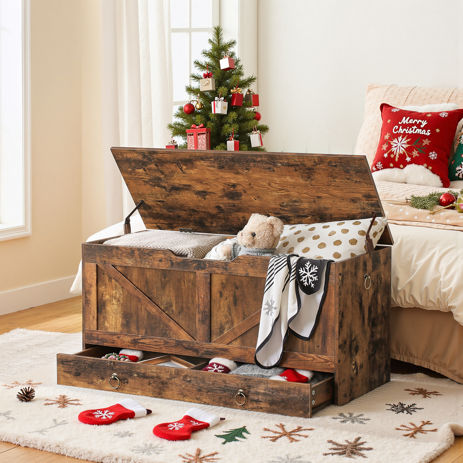 HOOBRO Storage Chest, 39.3" Toy Chest with Drawer, Wooden Storage Bench, Sturdy Entryway Bench Supports 220 lb, Shoe Bench, Safety Hinge, U-Shaped Opening, Easy Assembly, Rustic Brown FG710CW01G1