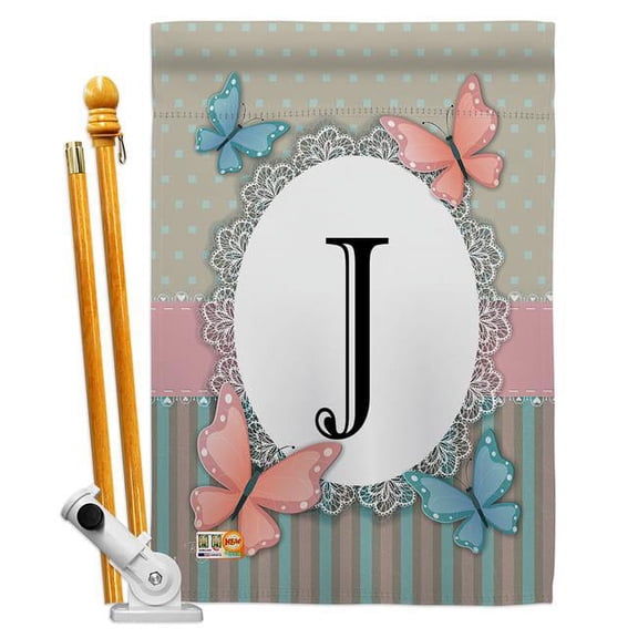 Breeze Decor BD-BG-HS-130140-IP-BO-D-US14-BD 28 x 40 in. Butterflies J Initial Garden Friends Bugs & Frogs Impressions Decorative Vertical Double Sided House Flag Set & Pole Bracket Hardware