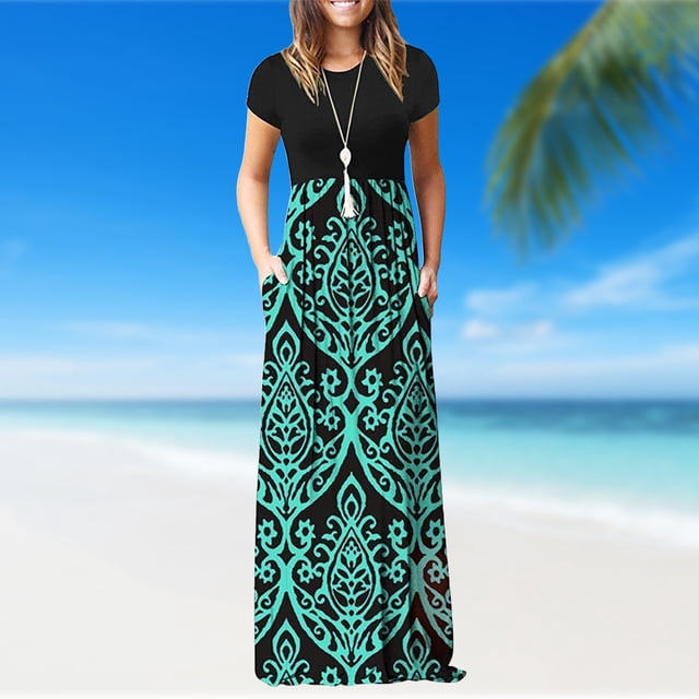 Vestido De Mujer Vestido largo de playa de verano con bolsillos Vestido de columpio de dama para vacaciones (Verde XXL) Cgtredaw Para estrenar