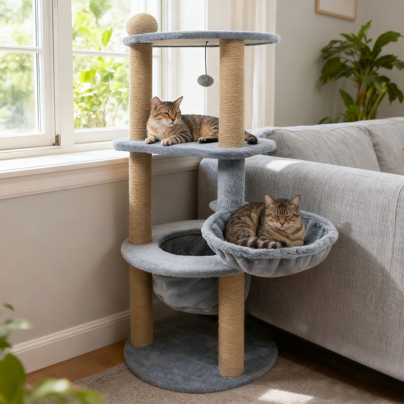 Gymax 48'' Tall Cat Towel w/Cat Nest Scratching Posts Ball Top Perch Hanging Ball