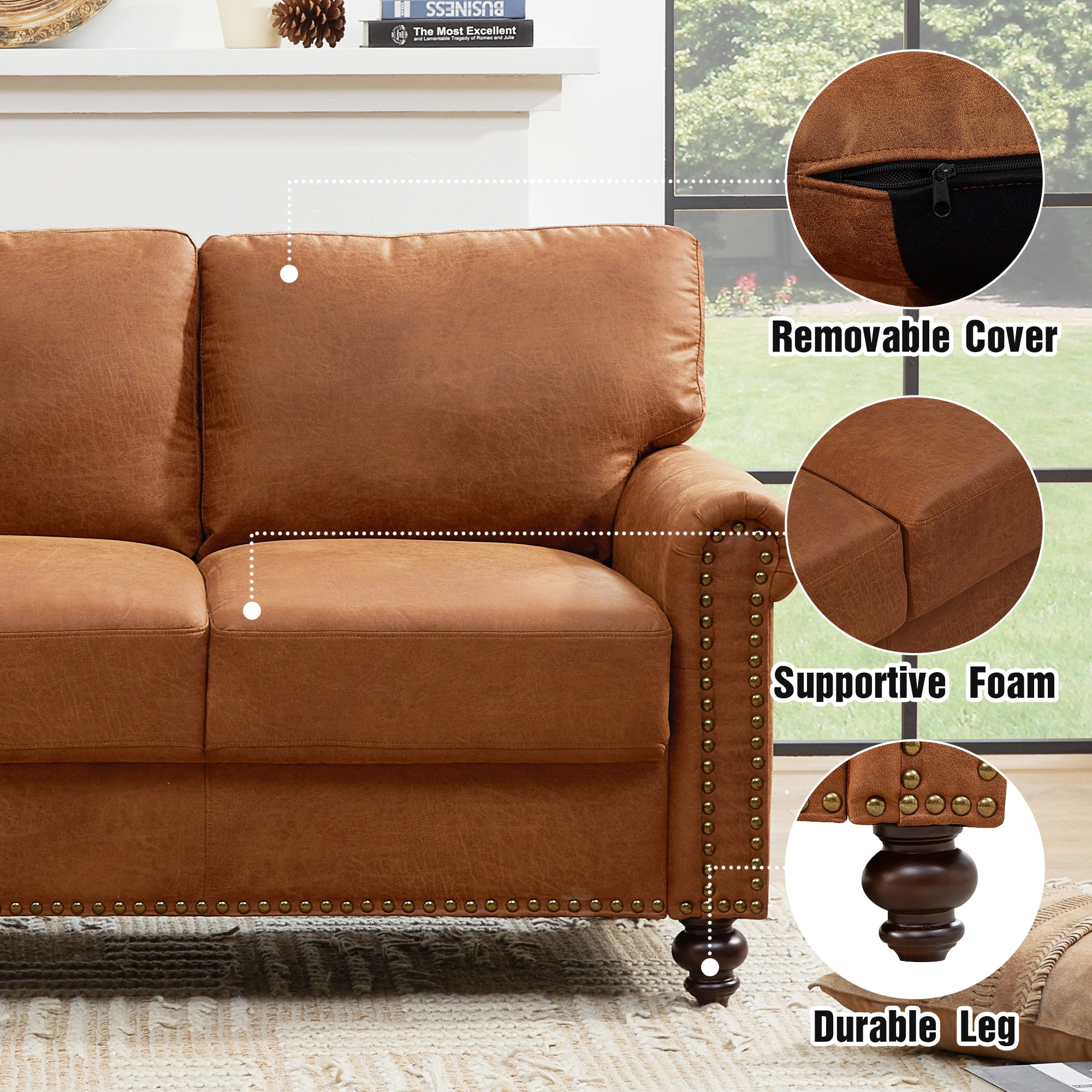 LeChapitre Traditional Fabric Hidden Storage Space Standard Sofa with Cushions, Coffee