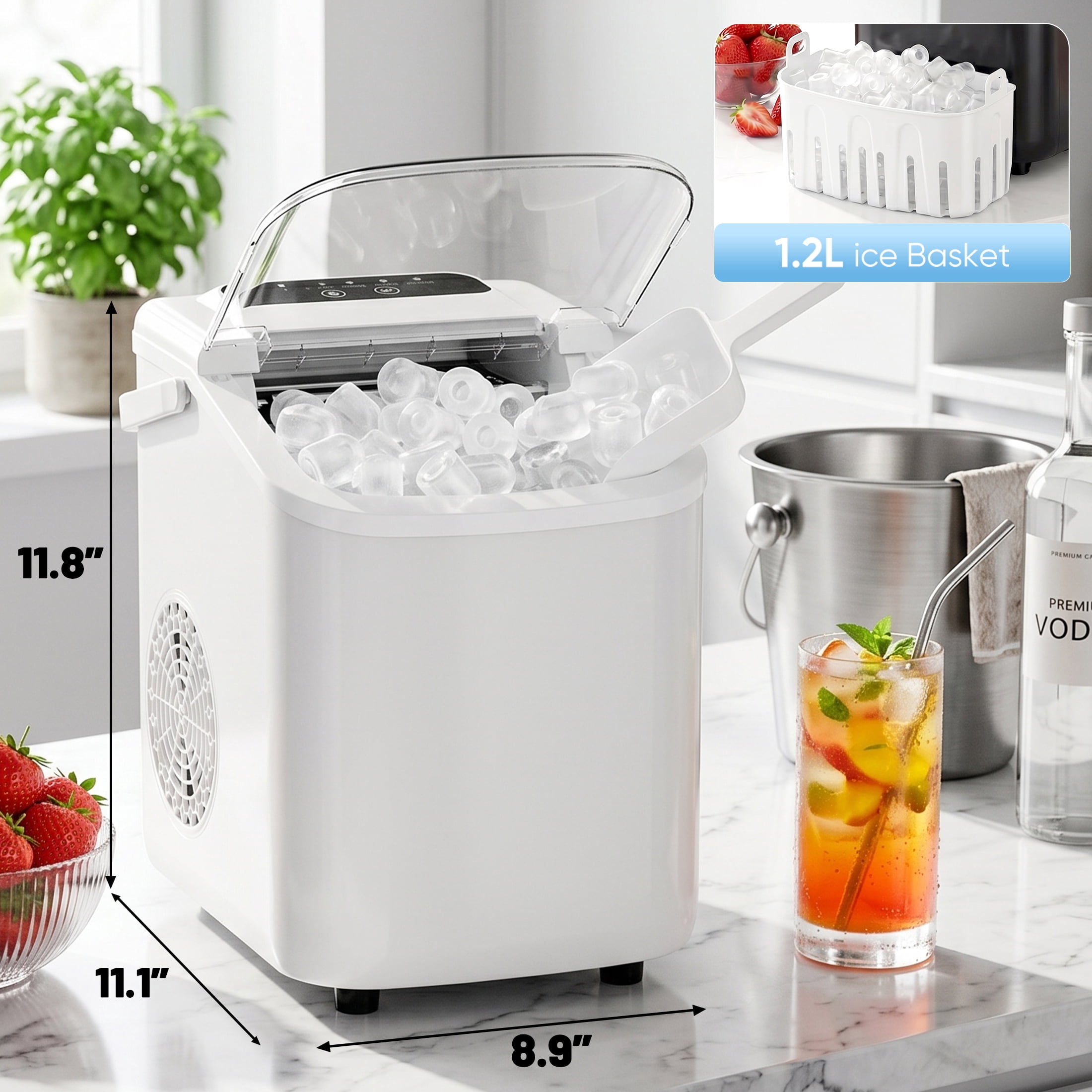 edx Ice Maker, Self-Cleaning Countertop Ice Maker, with Handle & Ice Scoop, 9 Bullet Cubes in 6~8 Mins, 26lbs Daily, White