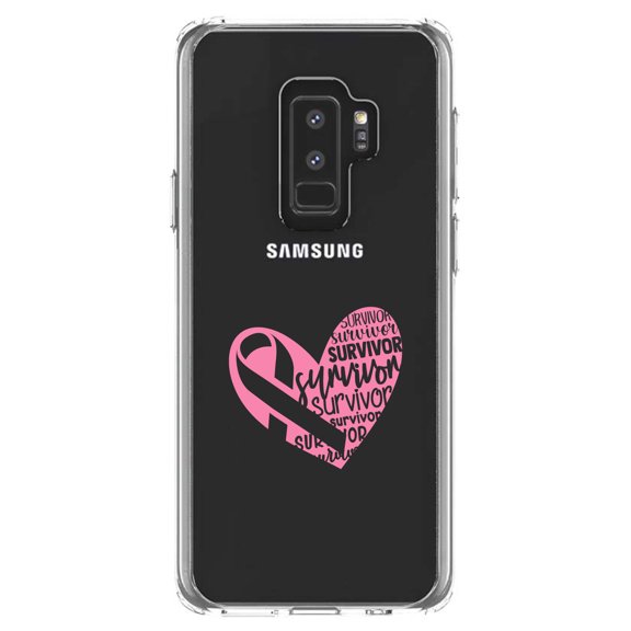 DistinctInk Clear Shockproof Hybrid Case for Samsung Galaxy S9  PLUS (6.2" Screen) - TPU Bumper Acrylic Back Tempered Glass Screen Protector - Pink Ribbon Cancer - Survivor Heart