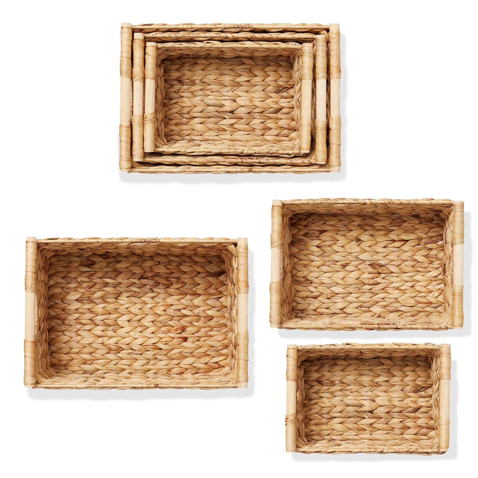 Casafield (Set of 3) Water Hyacinth Rectangular Storage Baskets with Wooden Handles - Small, Medium, Large Woven Nesting Baskets