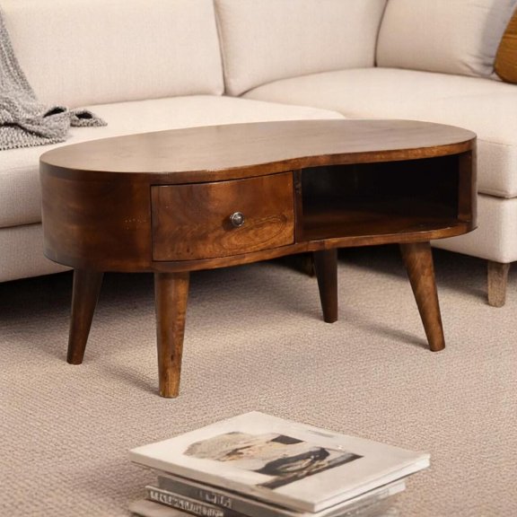 Coffee Tables Solid Wood Mini Chestnut Wave Coffee Table, 1-Drawer, 1 Open-Shelf, Nordic Legs, Dark Brown,Wooden Coffee Tables