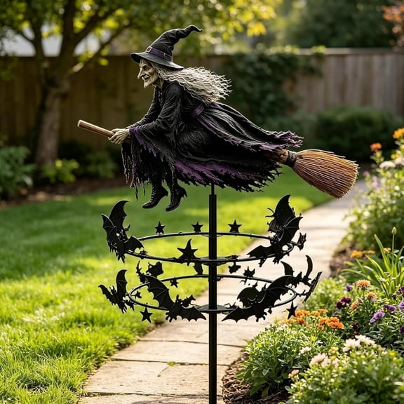 Kinetic Witch Halloween Wind Spinner, Metal Garden Stake Outdoor Yard Art Ornament, Flying Witch Bat Patio Lawn Path Decor(Q)