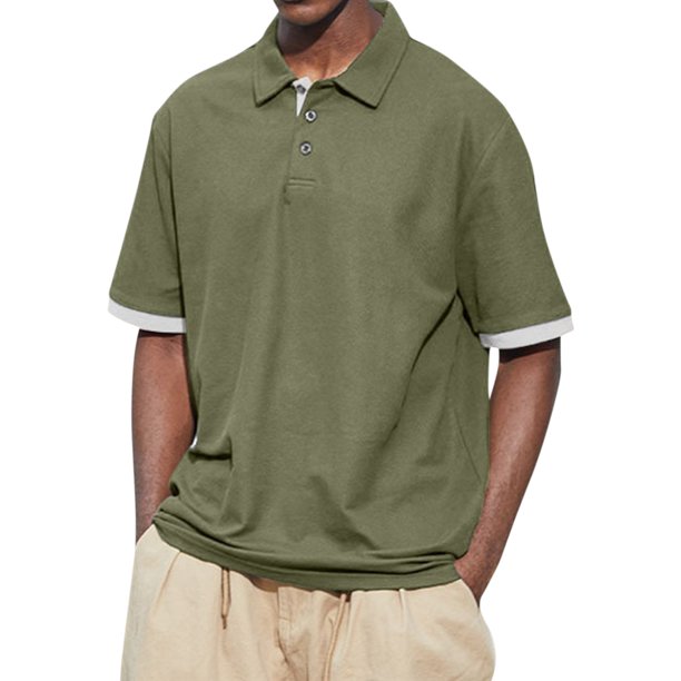 Men's Summer Solid Color T-shirt With A 3 Button Open Collar And Button Up Short Sleeved Top L