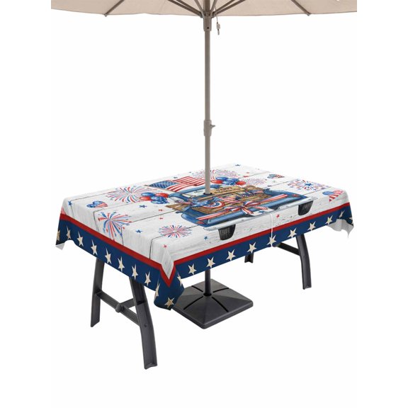 Outdoor Tablecloth with Umbrella Hole for Patio/Picnic/Party/Camping, Independence Day Truck Waterproof Table Cloth Rectangle Table Cover Washable, Blue Star Firework 4th of July Wood (60"x 84")