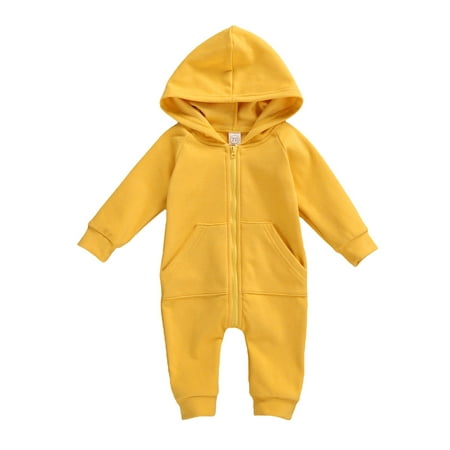 

Genuiskids Newborn Baby Long Sleeve Romper Infant Girl Boy Solid Color Long Pants Zipper Hooded Jumpsuit Infant One-piece Overalls Outfits 0-24M