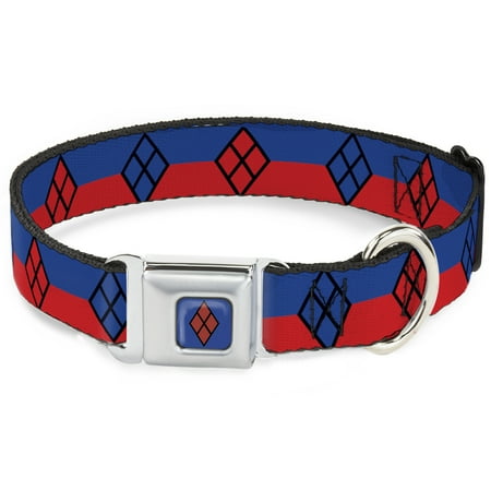 DC Comics Pet Collar Dog Collar Metal Seatbelt Buckle Harley Quinn Diamond Stripe Red Blue 15 to 24 Inches 1.0 Inch Wide