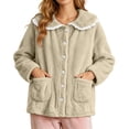 thumbnail image 2 of XRoczxe Women Fuzzy Fleece Button Front Sleep Jacket Lace Ruffle Peter Pan Collar Large Side Pockets Soft Warm Winter Loungewear Coat 7 Elegant Solid Colors, 2 of 5