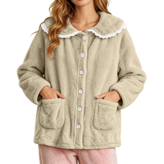 Ecqkame Women's Fuzzy Sleepwear Cardigan Winter Thick Long Sleeve Button Open Front Pajamas Home Loungewear Sleep Top with Pockets Beige L