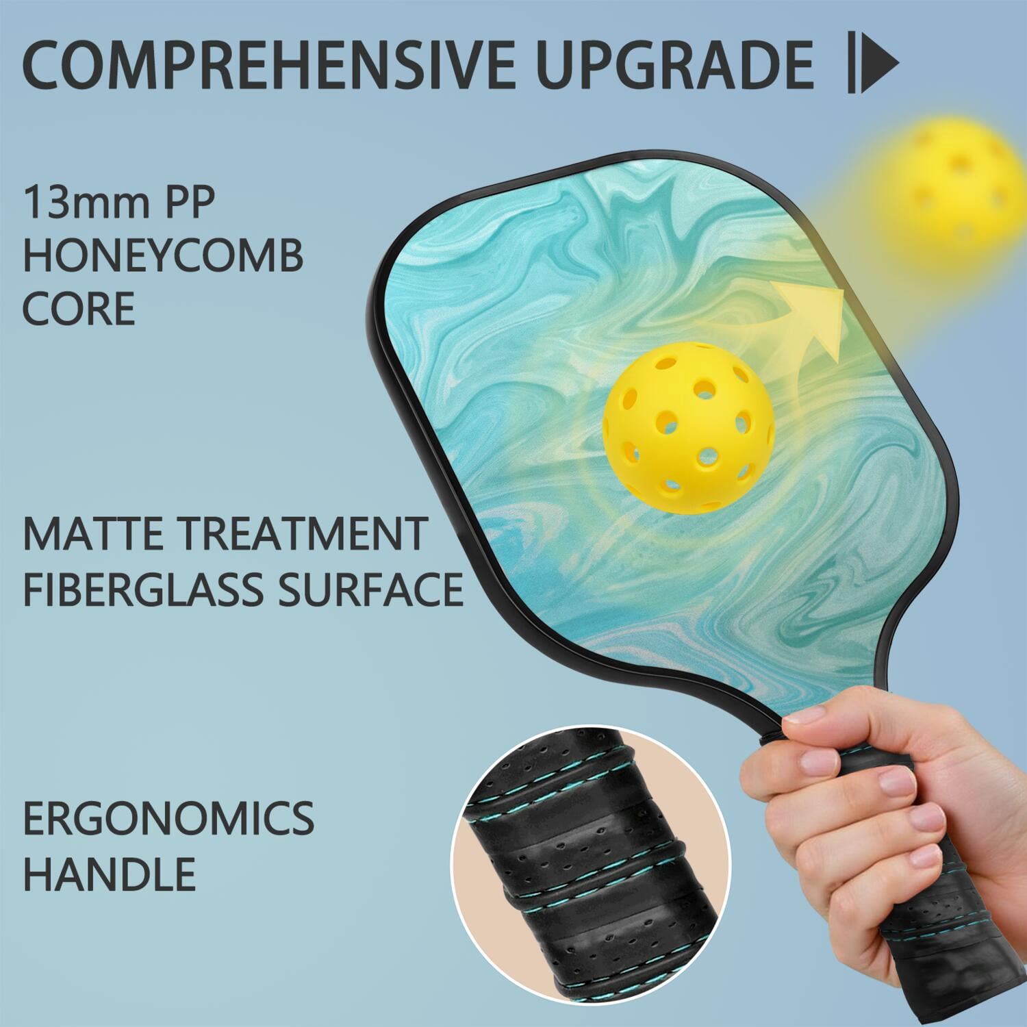 Pickleball Paddles Set Of 1, Fiberglass Surface, Liquid & Marble Print, 1 Paddles, 2 Balls & Bag