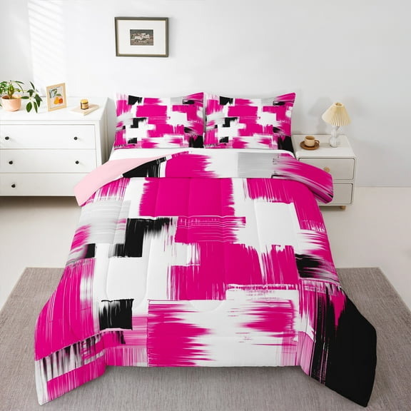 Manfei Geometric Graffiti Bedding Comforter Set,Modern Abstract Art Twin Comforter Sets,White Pink Black Bedding Set For Kids,Ultra Soft Home Decor Reversible,2-Piece