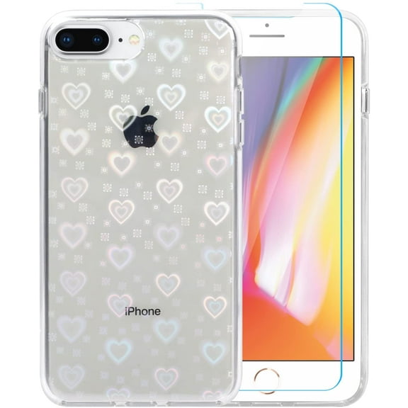 Compatible with iPhone 7 Plus Case, iPhone 8 Plus Case Laser Bling Glitter Rainbow Love Heart Phone Case Screen Protector, Cute Pattern Designed for iPhone 8 Plus Case Girls Women
