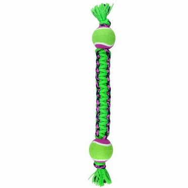 Paracord Rope Big Dog Toys Durable Braided Double Tennis Ball Tug 18.5" Large (Green / Purple)