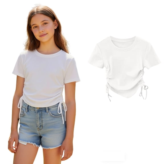 Girls Clothes White T Shirt Atheltic Shirt Slim Fitted Drawstring Side Summer Clothes Girls 13-14 Years