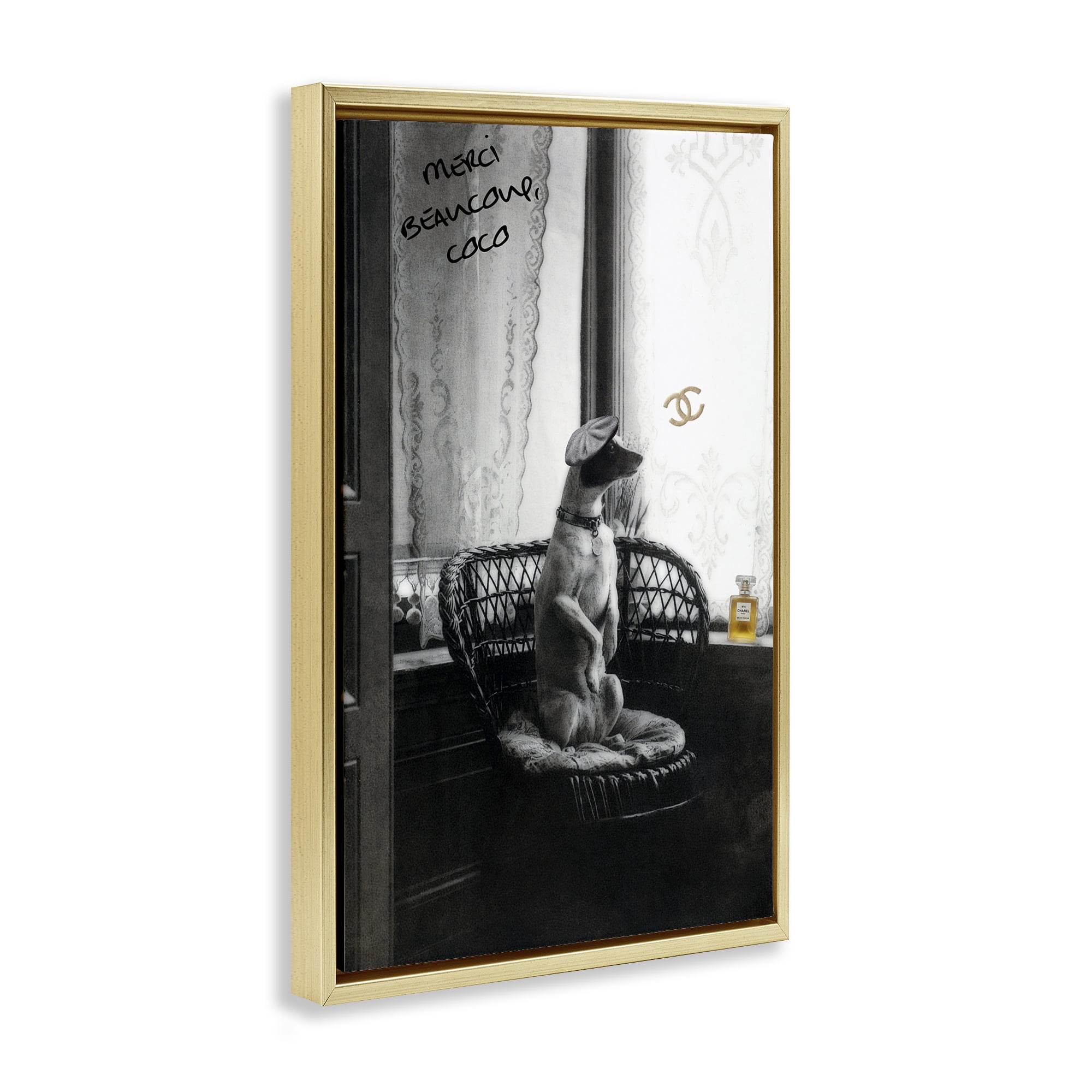 Stupell Industries Chic Dog with French Words Animals Painting Gold Floater Framed Canvas Art Print Wall Art, 17 x 25