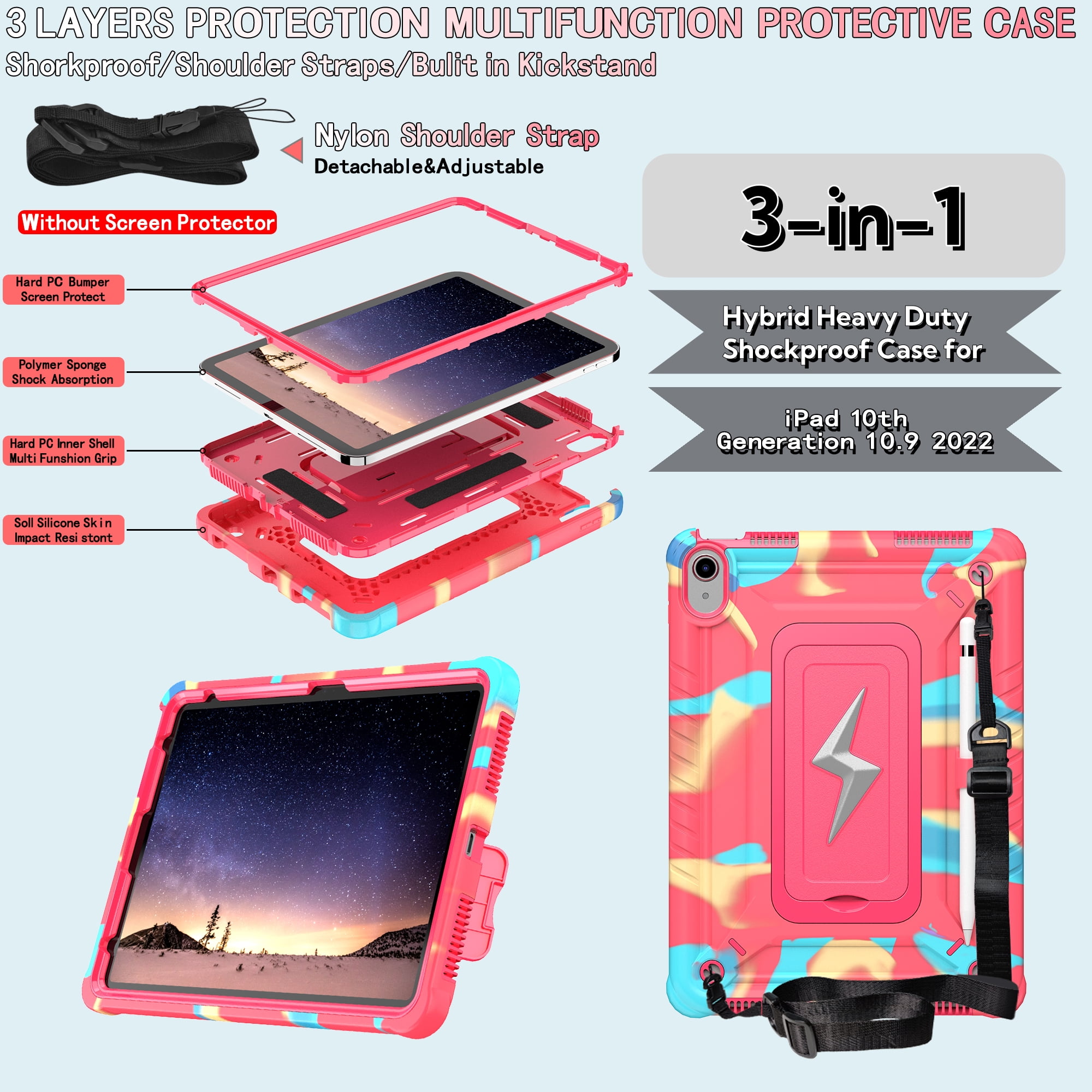 ELEHOLD For iPad Air 3rd Generation 2019 / iPad Pro 2017 10.5 inch ,Rugged Shockproof 3-Layer Kickstand Pencil Holder Protective Case with Shoulder Strap for Kids,Outdoor Travel,Rainbowrose