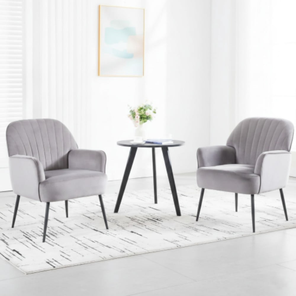 Velvet Accent Chair, Modern Upholstered Barrel Chair with Shell-Shaped Tufted Back, Padded Armrests, Metal Legs for Living Room, Bedroom & Office, Grey
