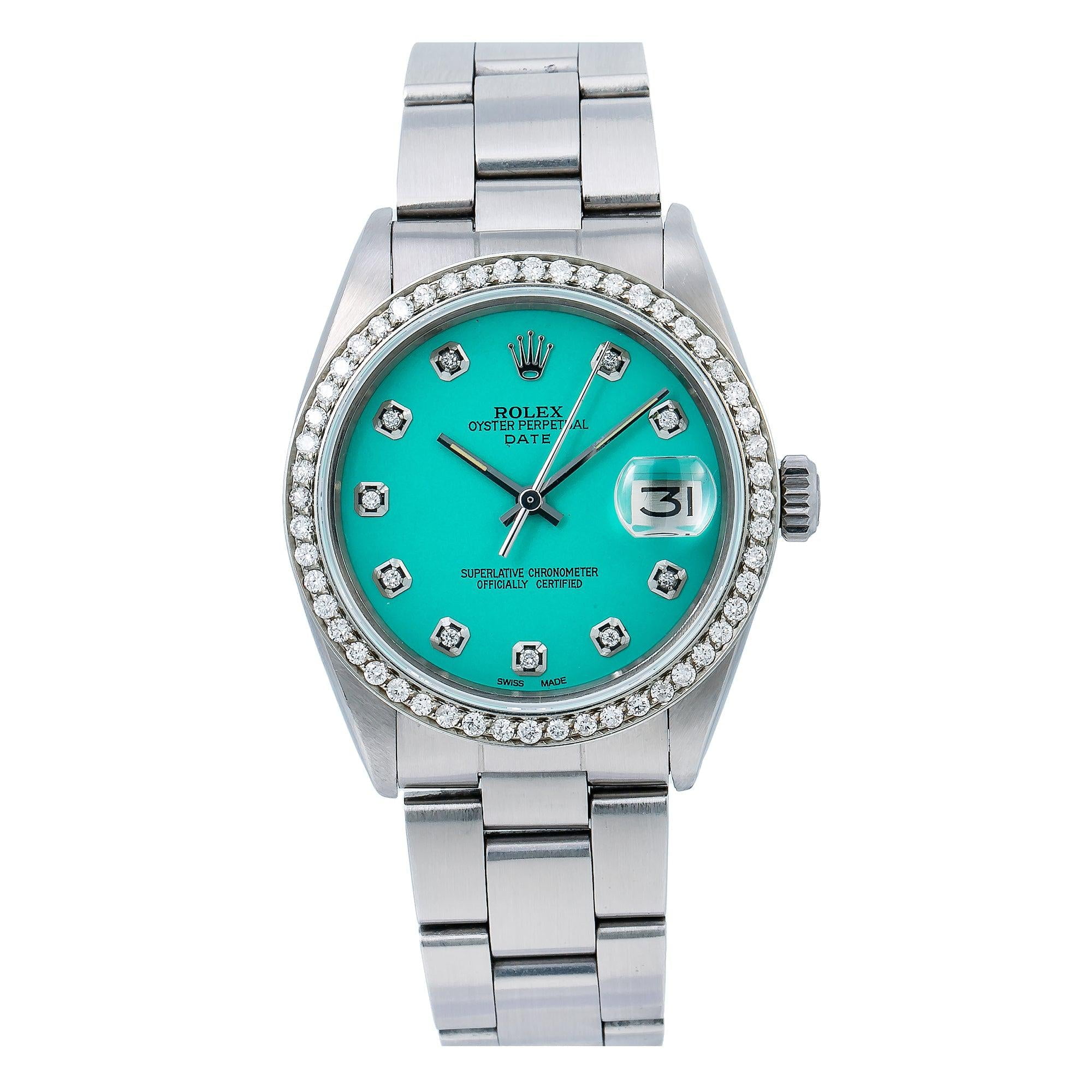 Pre-Owned Rolex Oyster Perpetual Date 1500 34MM Turquoise Diamond Dial With Stainless Steel Oyster Bracelet