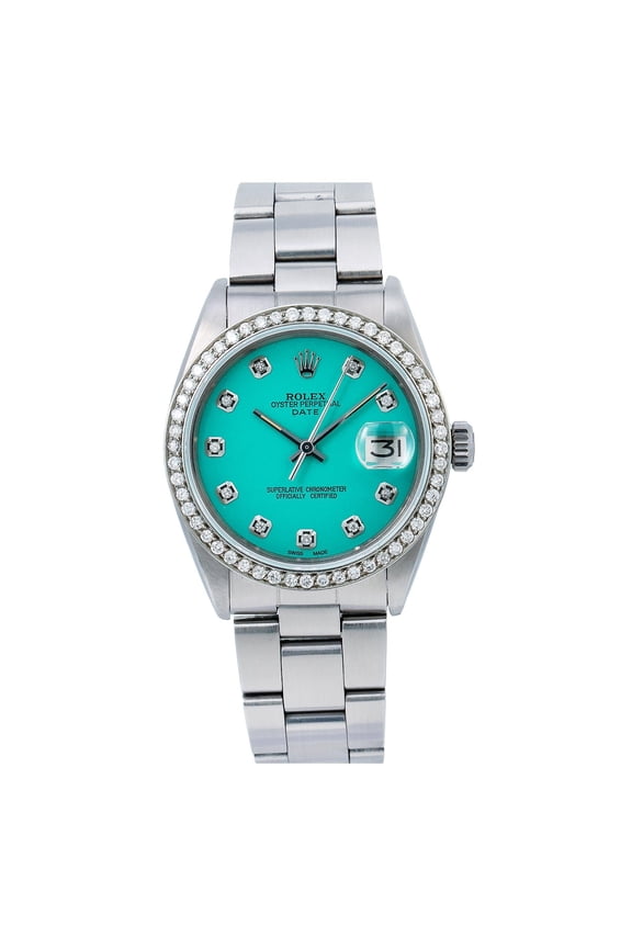 Pre-Owned Rolex Oyster Perpetual Date 1500 34MM Turquoise Diamond Dial With Stainless Steel Oyster Bracelet