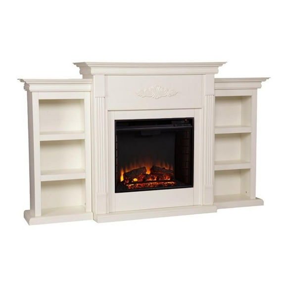 Bowery Hill Traditional Wood Electric Fireplace with Bookcases in Ivory