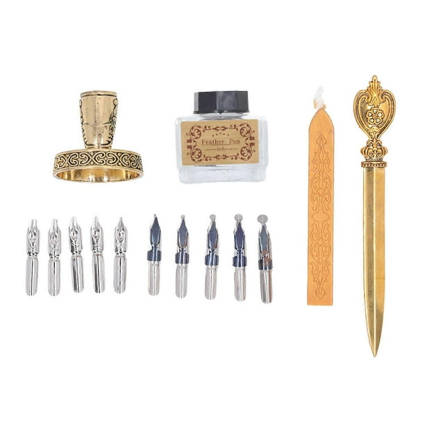Feather Pen Set with 10 Interchangeable Nib Fire Lacquer Wax Letter Opener Pen Holder Ink Empty Bottle Retro Quill Pen Set Rose Red