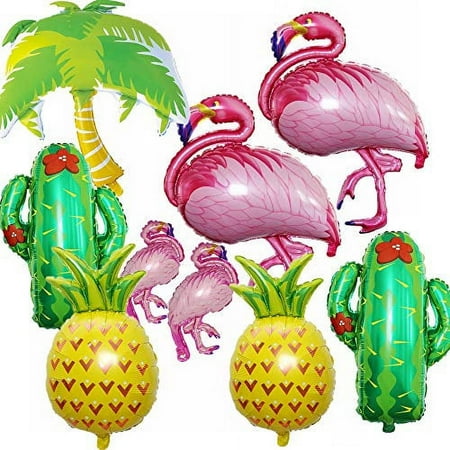 Flamingos Theme Party Foil Balloons Kitï¼9 packï¼‰, 2 Pack Pineapple Balloons 1 Palm Tree Balloon 2 cactus Balloons 2 Flamingo Balloons 2 mini Flamingo Balloons Luau balloons for tropical Party Suppli