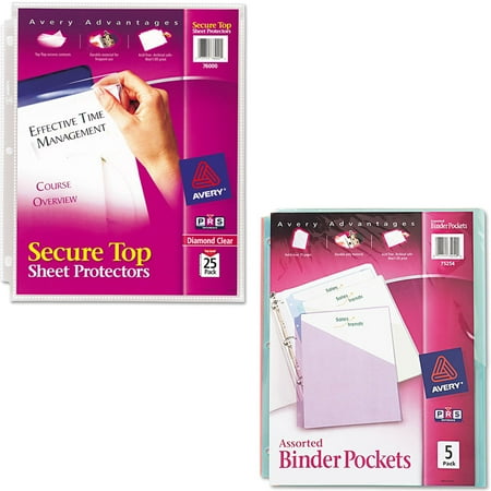 5 1 2 X 8 1 2 Page Protectors Avery Secure Top Sheet Protectors, Heavy Gauge, Letter, Diamond Clear, 25/Pack and Avery Ring Binder Polypropylene Pockets, 8-1/2 x 11, 5/Pack Bundle ()