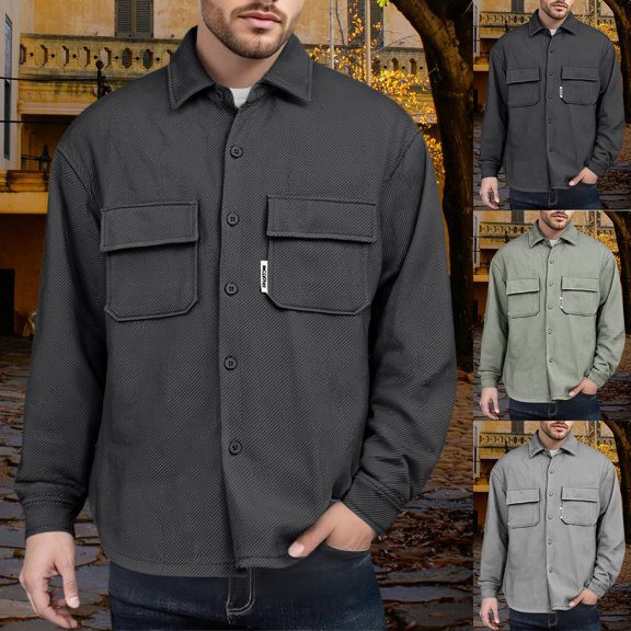 Men’s Lightweight Button Down Shirt Jacket Casual Long Sleeve Wrinkle Free with Pockets