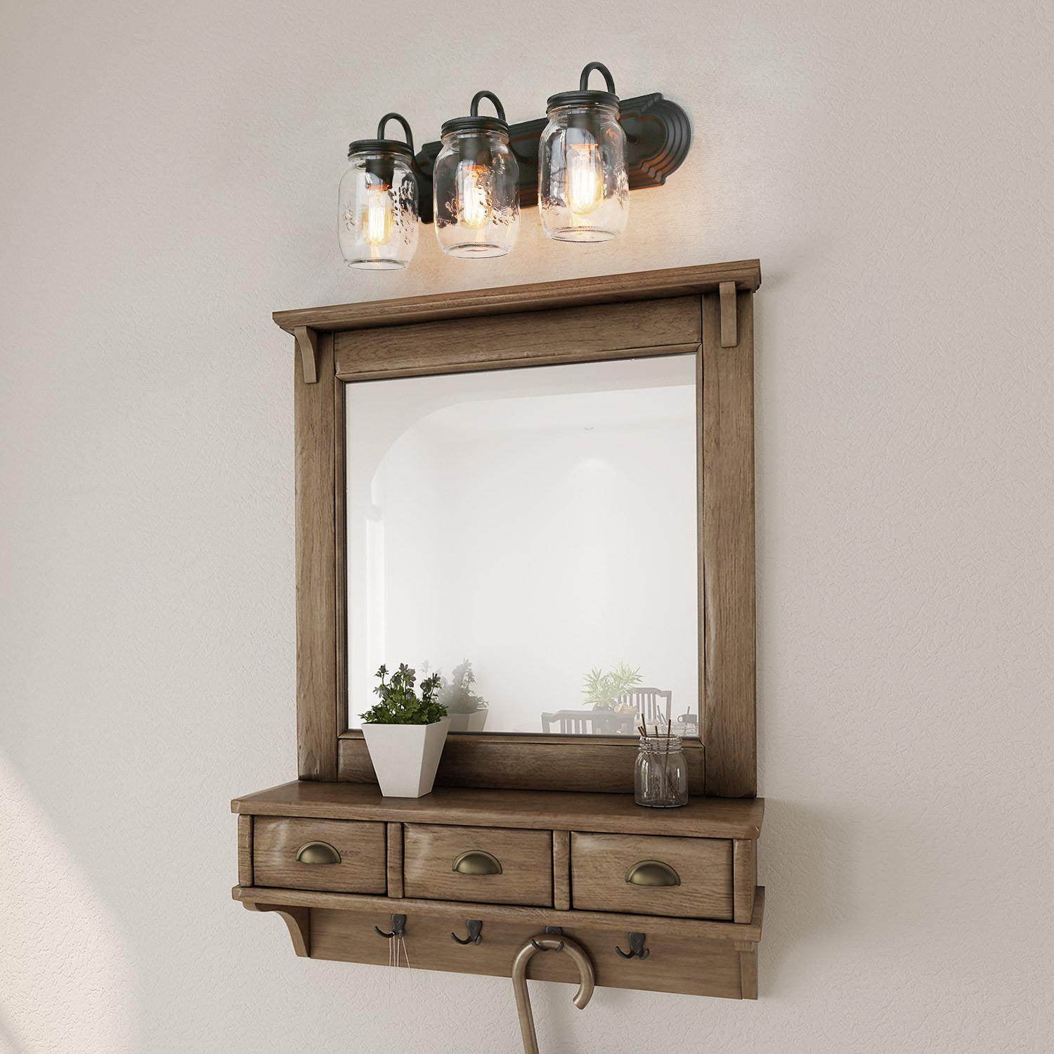 LNC 3-Light Black Geometric Clear Mason Jar Glass Shade Modern Bathroom Vanity Light