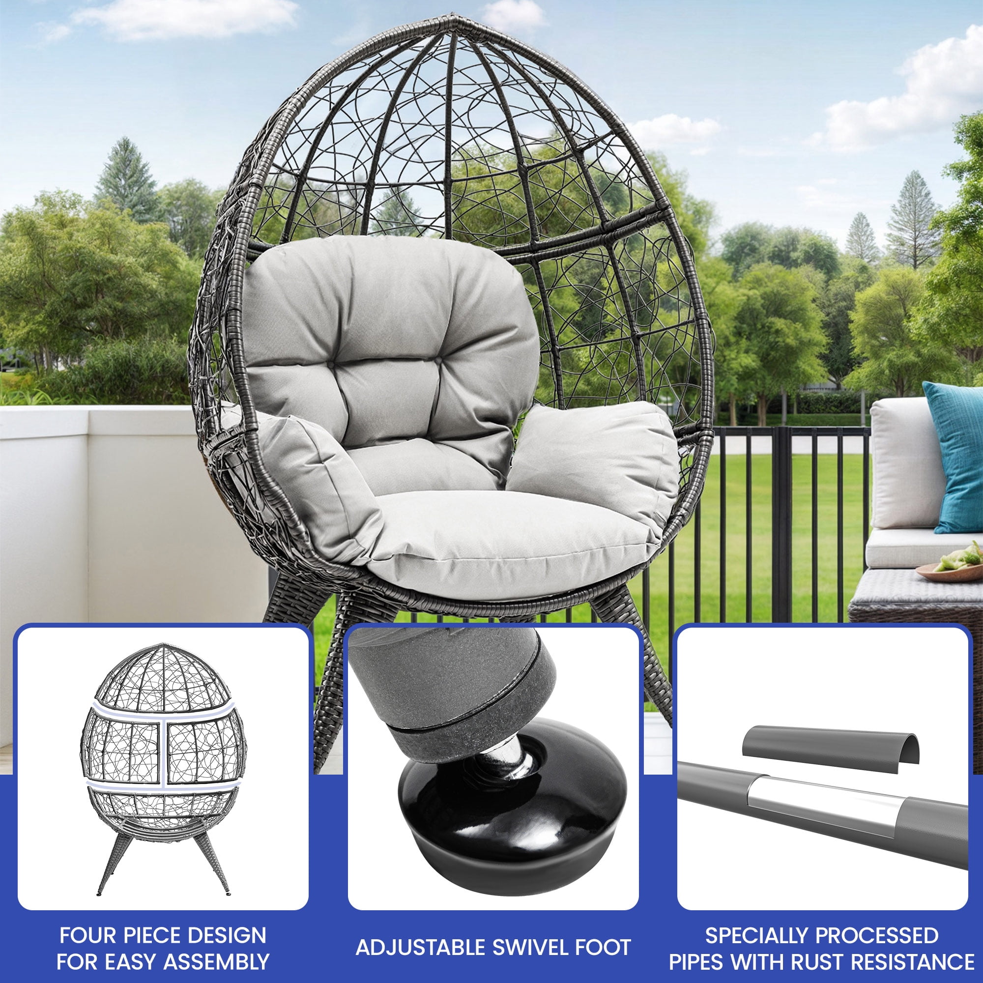 Uforic Oversized Egg Chair with Stand, Wicker Hanging Basket Chair for Indoor & Outdoor, 350lbs Capacity, Grey